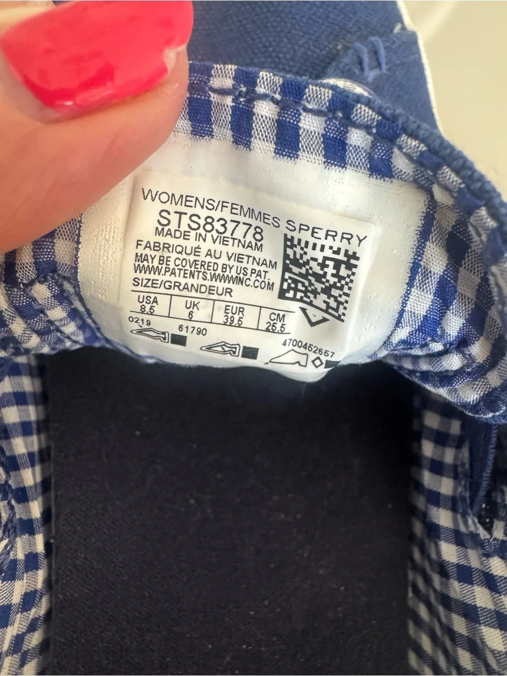 Sperry Blue Canvas Slip-On Sneakers with Gingham Trim US 8.5